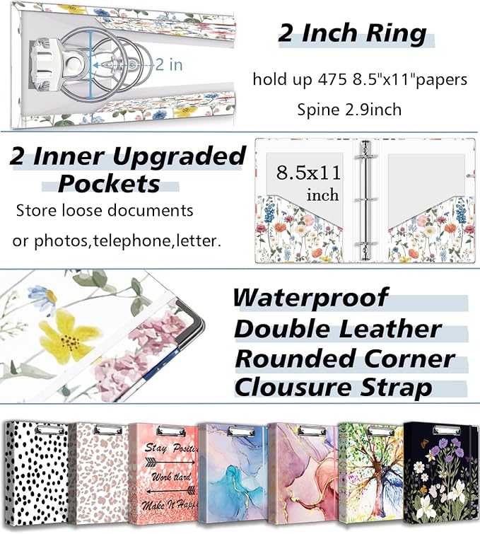3 Ring Binder 2 Inch for 8.5"x11" Paper, Three Ring Binders with Clipboard, 5 Dividers with Tabs and Pockets, Plastic Folder, 18 Divider Stikers,Cute Binder with Pen Holder,Blue Bloom