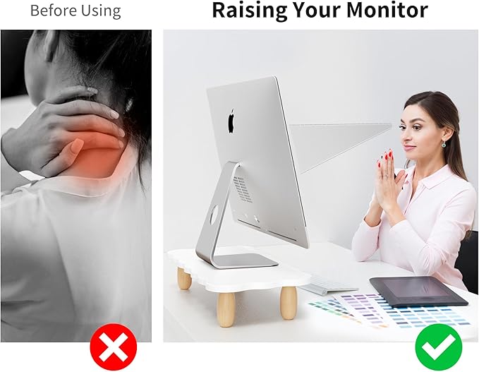 AFOOYO Monitor Stand Riser, Cookie-Shaped Sturdy Wood Computer Monitor Stand for Desk, Ergonomic Desk Stand, Multi-Purpose Desktop Organizer Riser for Computer, Laptop, Printer, TV,White
