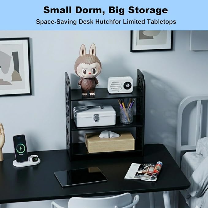 YGYQZ Adjustable Desktop Shelf Organizer, 3-Tier Expandable Desk Shelf, Black Pattern