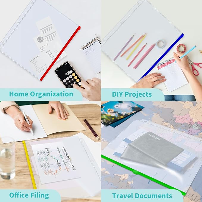 Binditek 40 Pack Zippered Binder Pockets, 3-Hole, Multicolor Zippers | Plastic Binder Pouches, Fits 3 Ring Binders, Clear Waterproof PVC, Zipper Closure, Document Filing and Storage