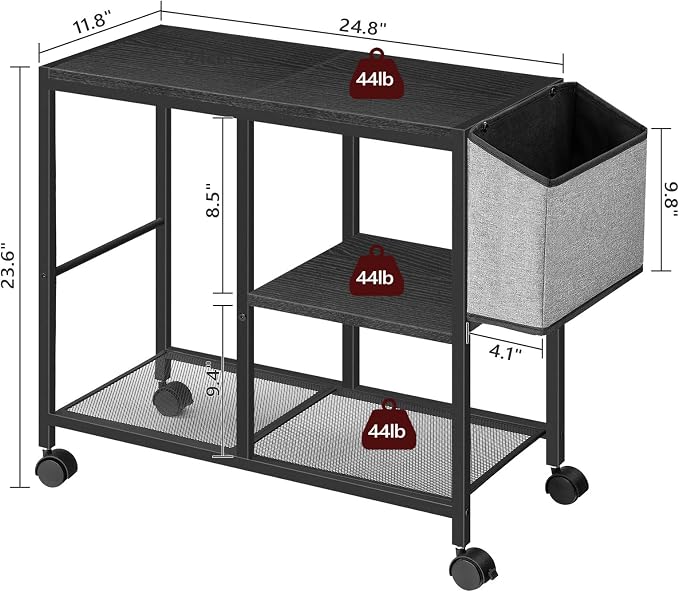 MAHANCRIS Printer Stand with Storage Bag, 3-Tier Mobile Under Desk Printer Cart with Wheels, Wooden Rolling Printer Table, Organizer Shelf for Study, Office, Living Room, Black PTHB2201