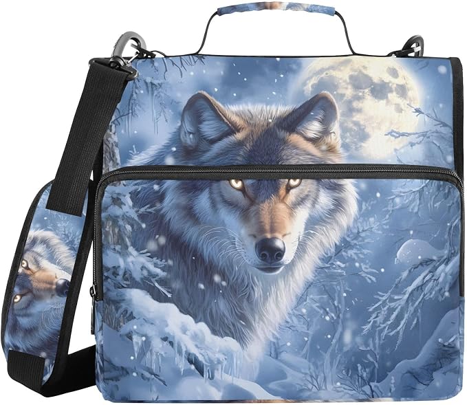 ALAZA Zipper Binder 3 Ring Wolf Moon Snow Binder Organizer with Zipper and Shoulder Strap Large Capacity Multi-Pocket Trapper Keeper File Folder for Office Supplies
