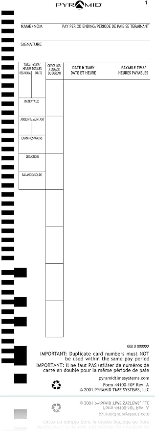 Pyramid Time Systems 44100-10F English and French Time Cards - 100 Pack