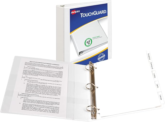 Avery TouchGuard 3 Ring Binder, 1.5" Slant Rings, 1 White Binder | For Daily School, Office and Hospital Use, TouchGuard Surface Protection, Customizable Clear Covers, Smudge-Resistant Pockets