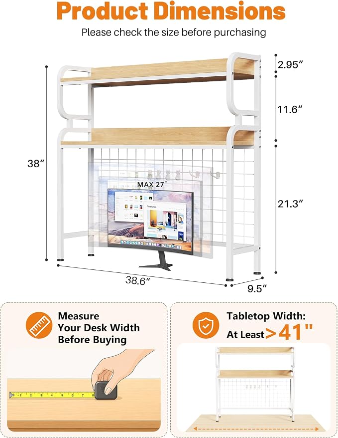 BYMECOST 38.6" Desktop Hutch Bookshelf,2-Tier Desk Shelf with Pegboard | Heavy-Duty Desktop Bookcase With Grid Panel and Hook, Desk Hutch for Computer in Offices or Dorms