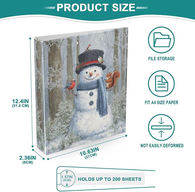 Woodland Animal and Cute Snowman Binder 3 Ring 1.5 Inch Binder with Clipboard&Pockets, Hardcover Binders Heavy Duty Large File Folder for Office School Supplies - Holds 200 Sheets