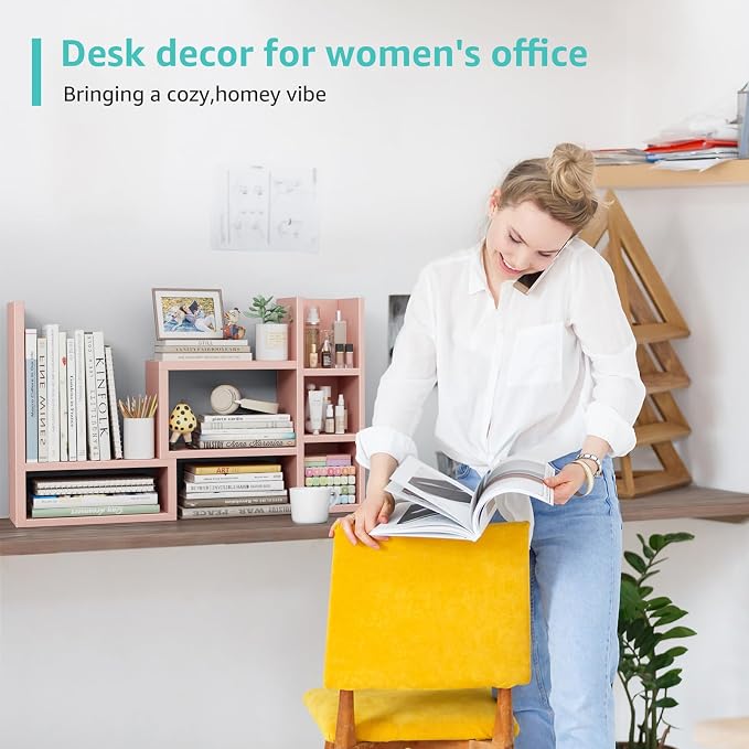 NUTIKAS Desk Shelves Desktop Organizer Shlef - Pink Office Organization for Top of Desk Organizers and Accessories Corner Bookshelf Table Top Shelving Small Hutch Decorations for Office