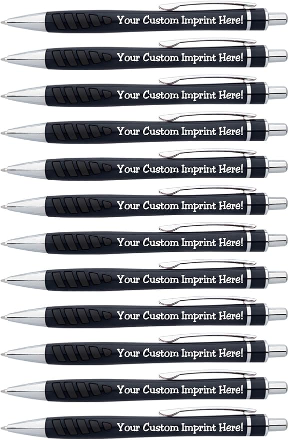 ExpressDesigns™ - Your Name or Imprint on our Custom Printed Addison Ballpoint Pen - Rubber Grip For Writing Comfort And Control, black ink, medium point - 12 Pack (Black)