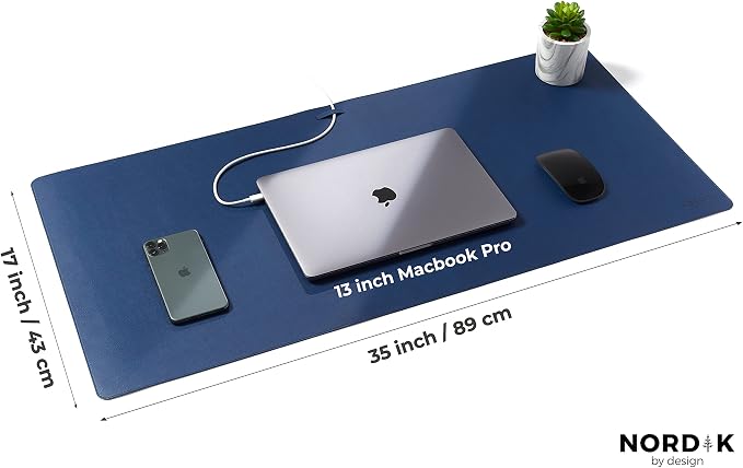 Nordik Leather Desk Mat - Midnight Blue - Large Leather Desk Pad (35x17 in) | Premium Vegan Leather Desk Pad with Cable Organizer, Giftable, Extended Waterproof Mouse Mat, Non-Slip Desk Pad Protector