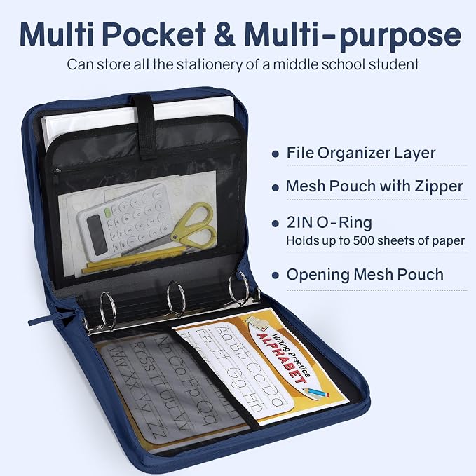 SUNEE Zippered Binder Bag with Handle, 2-Inch 3-Ring O-Ring, 500-Sheet Capacity, Includes Zip Pocket, 5-Tab Expanding File Folder, Multi-Pocket Organizer Binder for Middle School, Navy