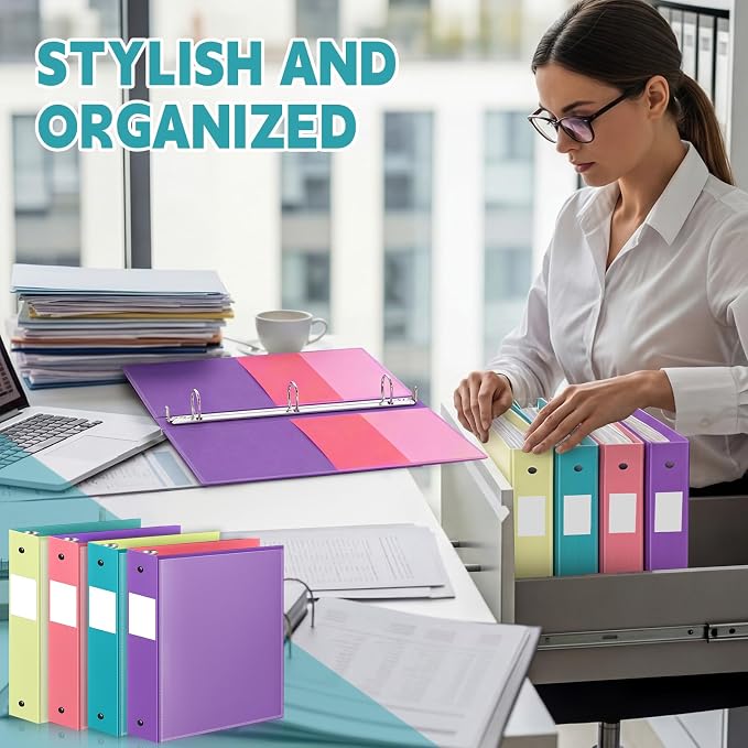 Henoyso 4 Pack Two-Tone Durable 3 Ring Binders 2 Inch, Clear Cover with Front & 4 Inner Pockets, Colored Plastic Flexible Binders with Large Capacity for School & Office