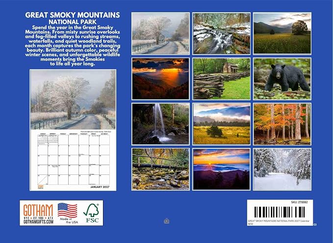 Great Smoky Mountains Calendar 2027 Tennessee Blue Ridge Monthly Wall Calender 12 Month | American Made In The USA
