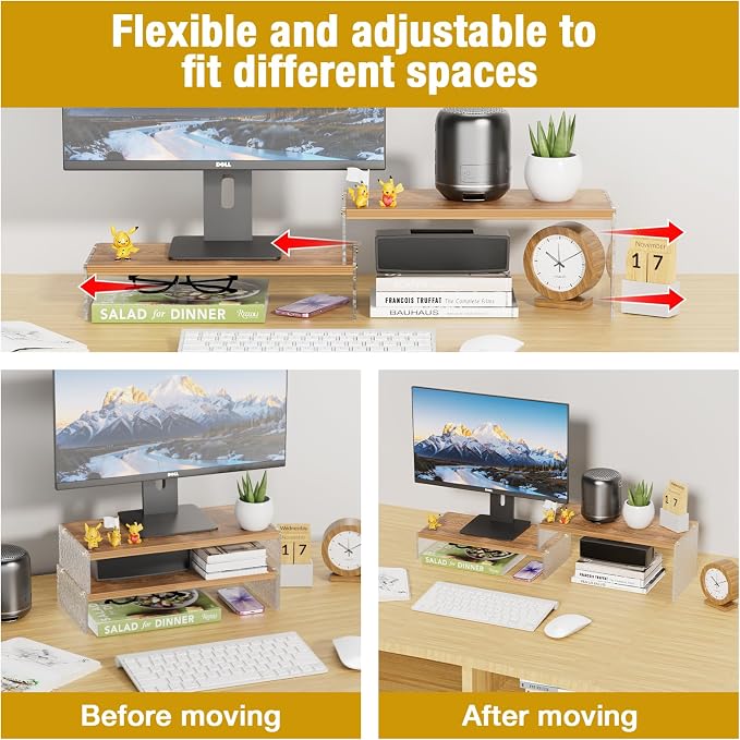 YGYQZ Adjustable Monitor Stand Riser, 7.67"×15.74" Dual Monitor Desk Stand | Adjustable Monitor Riser, Expandable Desk Organizer, 2-Tier Storage, Acrylic Legs, Ergonomic Workspace, Wood Wavy