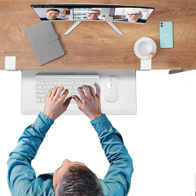 ETHU Under Desk Keyboard Tray - Small Slide Out Keyboard Shelf with C Clamp Mount, 19.7" x 11.8" Ergonomic Pull Out Tray for Home Office Desk, White
