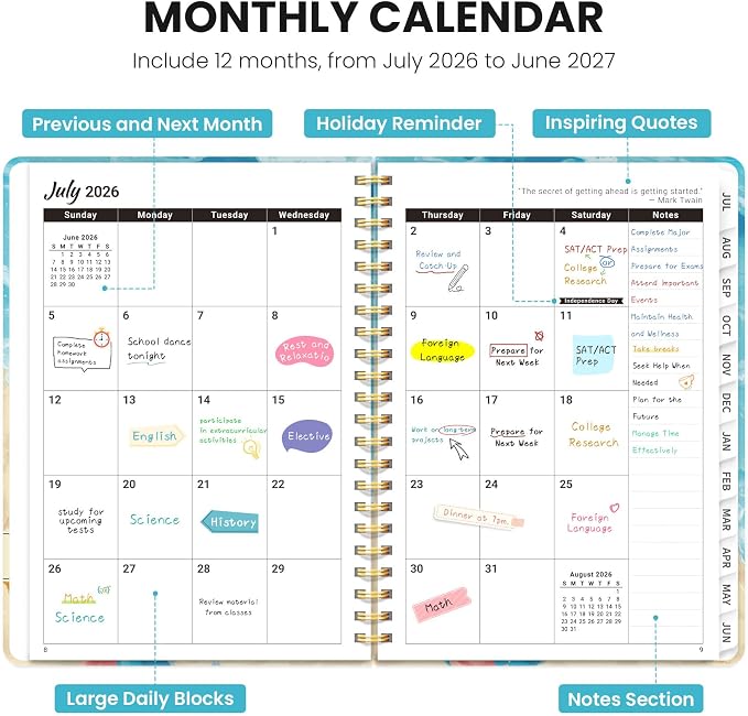 Planner 2026-2027, Academic Year Monthly & Weekly Planner Caledndar, July 2026 - June 2027, Hardcover Large Planning Agenda Book with Tabs for School Office Supplies, 8.5" x 11" - Beach Pups