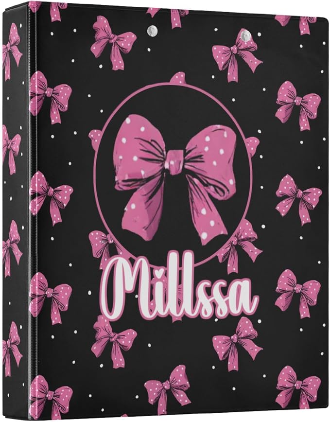 Bows 3 Ring Binder with Clipboard Round Ring Binders Pink Polka Dot Personalized Binder 3 Interior Clear Pockets for Office Supplies 2 Pack