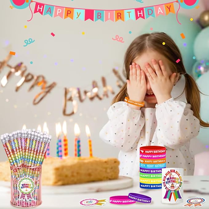 296 Pcs Birthday Pencils Set: 48 Happy Birthday Pencils, 48 Wristbands, 200 Badge Stickers for Teacher, Classroom, Party Supply