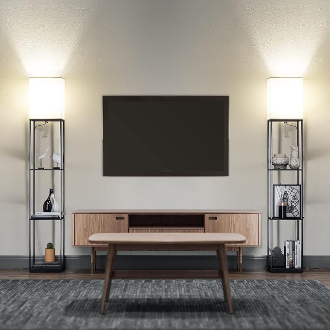 SUNMORY Floor Lamp with Shelves, Standing Lamps for Living Room, Black | 3 CCT LED Bulb Include, 4-Tier Display Bookshelf, 63" Tall Corner Shelf Lamp, Modern Style for Bedroom, Office, Home Decor