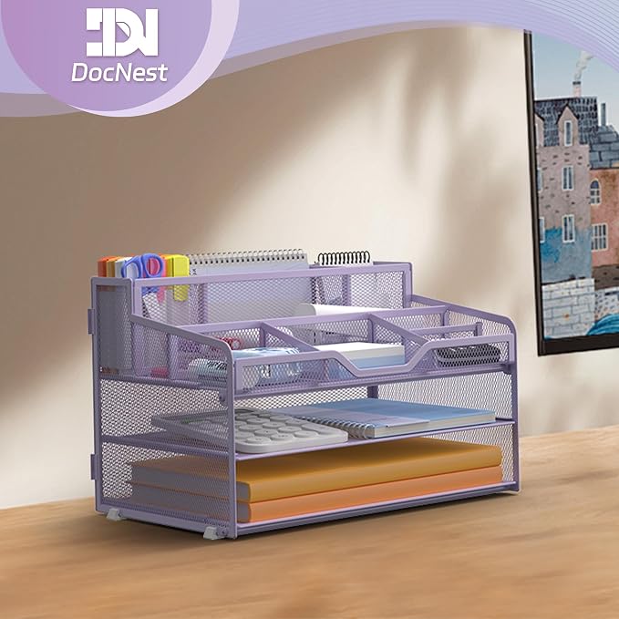 Docnest 3 Tier Mesh Desk Organizer with Letter Tray & Paper Sorter, Purple | Features 3 built-in pen holders & 5 adjustable compartments on top. Includes 4 non-slip rubber feet for desk protection