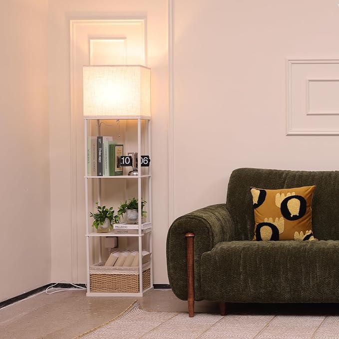 Gupuzm Floor Lamp with Shelves, Large Size Rectangle Standing Lamp with 3 Color Temperature Bulb, Corner Display Bookshelf Lamp for Living Room, Bedroom and Office（White-9W）