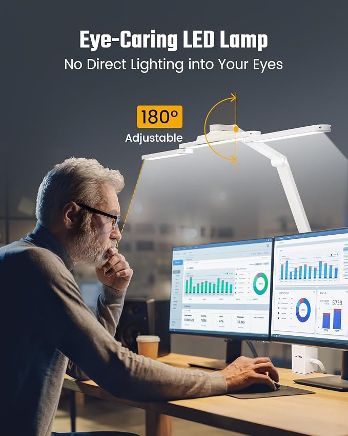 SUPERDANNY LED Desk Lamp Computer Light with Power Strip with Clamp White | 6 Outlets & 1 USB-A, 1 PD 20W Type-C, 13A/1625W, 5 Modes Smooth Dimming, Memory Function, Architect Lampfor Home Office Dorm