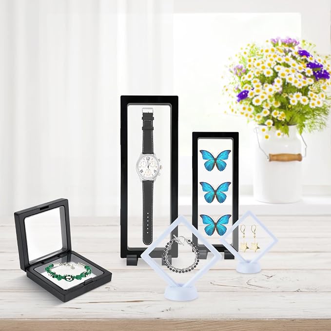 40 Pcs Floating Display Case, 3D Challenge Coin Holder Frame | PE Film, Black, Storage Box with Stands, Perfect for Preserving and Displaying Jewelry, Rocks, Medallion, Shells, Gems, Pins