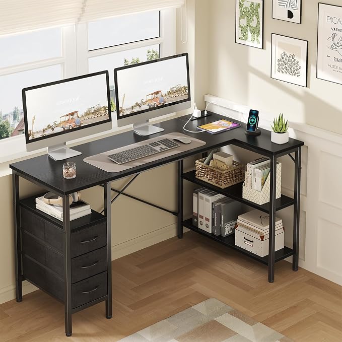 DUMOS L Shaped Desk with Drawers, Gaming Desk, 55 Inch | Power Outlet, Study Table, Adjustable Shelves, Home Office, Corner Computer Workstation, Bedroom, Black