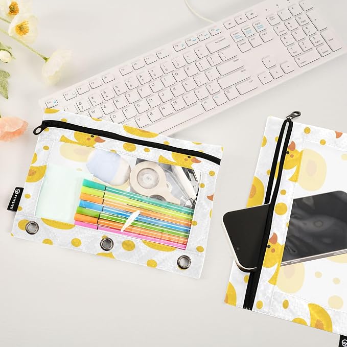 Cute Yellow Ducks Pencil Pouch for 3 Ring Binder, 2 Pack Waterproof Pencil Bags Clear Window Pencil Case Zipper School Office Supplies