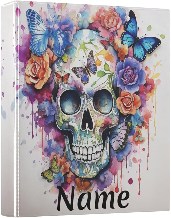 Custom 3 Ring Binder Skull Flowers Butterflies 1.5" Round Ring Binders Personalized Name View Binder with 200 Sheet for Women Men Office Kids School Supplies, 1 Pack