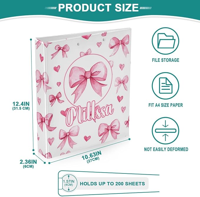 Watercolor Pink Bows 3 Ring Binder with Clipboard Round Ring Binders Hearts Personalized Binder 3 Interior Clear Pockets for Office Supplies 2 Pack