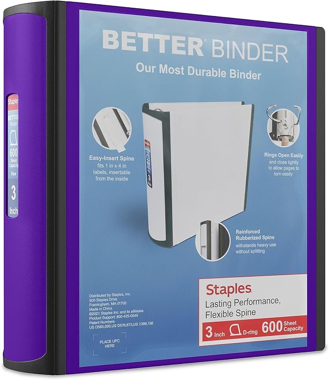 Staples Better 3-Inch D-Ring 3-Ring Binder, Purple, 600 Sheets | Reinforced spine for durable everyday school and office document storage.