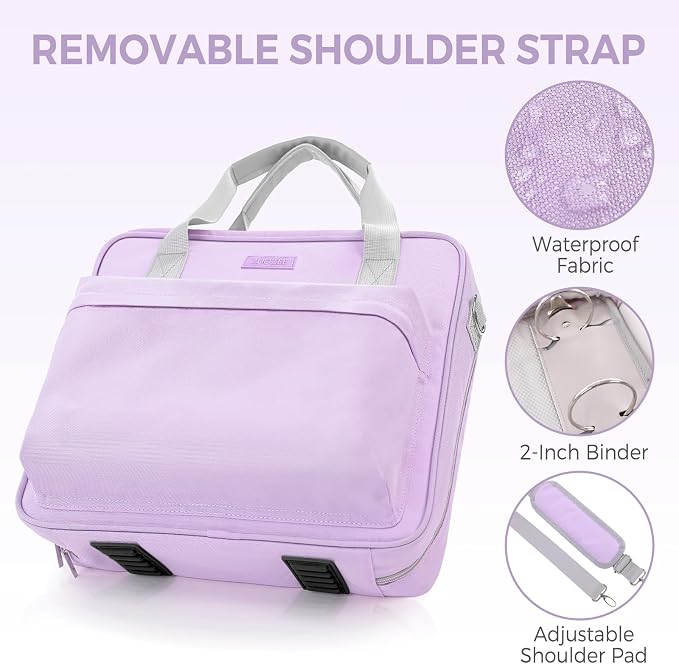 Zipper Binder 3 Ring with Shoulder Strap and Handle, Purple 2 Inch 3 Ring Binder with Zipper, Extra Pockets Holds 500 Sheets, Waterproof Trapper Keeper for Middle School & Work Organizer