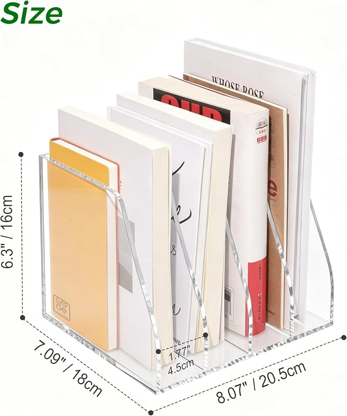 Lovemolly Acrylic Magazine File Holder – 4-Slot Clear Desk Organizer, Vertical Document Sorter for Office, Home & Classroom, No-Assembly Tabletop Rack for Folders, Books & Tablets, 7.09x8.07x6.3 in