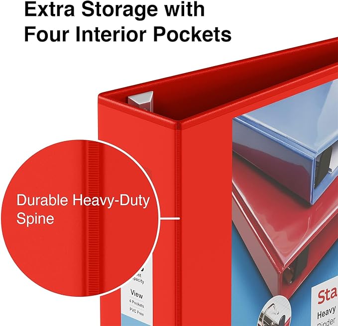 Staples Heavy-Duty 4-Inch D-Ring View Binder, Extra Large Capacity Holds Up to 800 Sheets, Red, for Office, School & Archiving