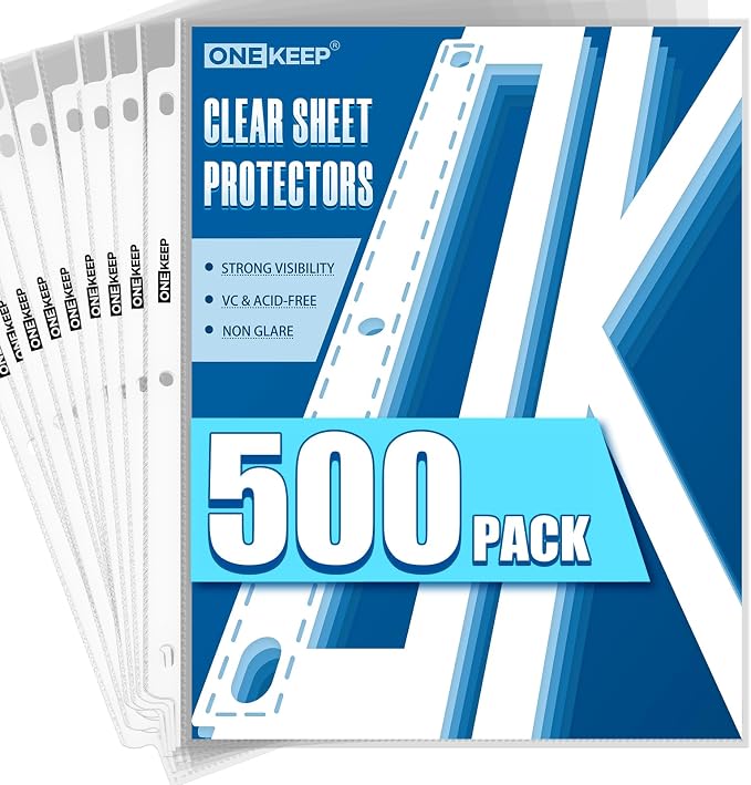 500 Pack Sheet Protectors, Top Loading Reinforced 3-Hole Page | Protectors for 3-Ring Binders, Fits Standard 8.5" x 11" Letter Size Paper, Perfect for Documents & Photos, Office Supplies