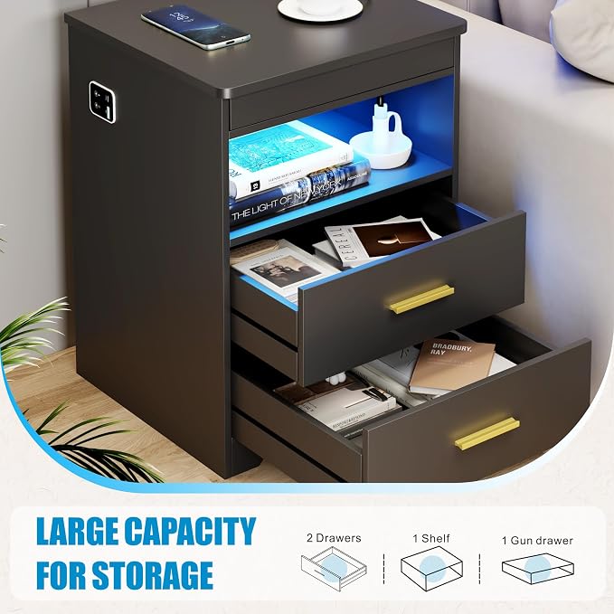 LED Nightstand with Gun Drawer & Charging Station | 3-Color Lights & Human Body Sensor, Smart USB Type-c, 2 Drawers Hidden Storage, End Table Bedroom Livingroom