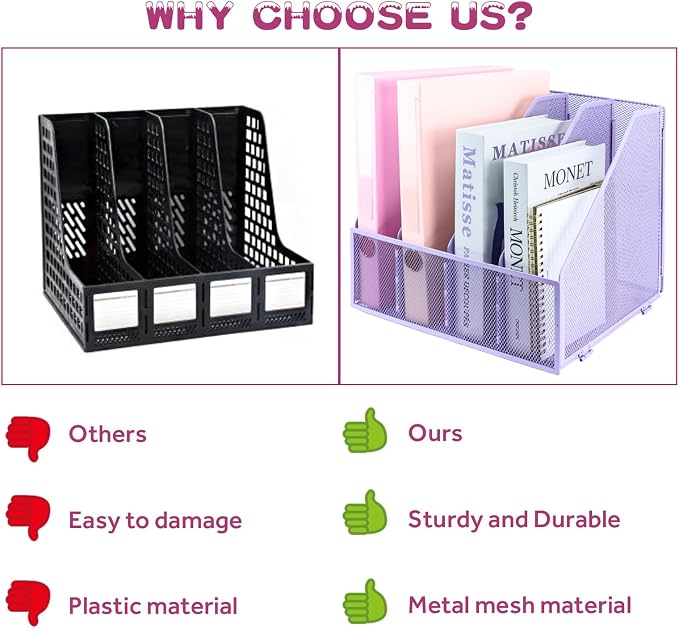Desk Organizers, Metal Magazine File Holder with 4 Vertical Compartments Rack Binder File Organizer for Office Supplies, Home Workspace - Purple