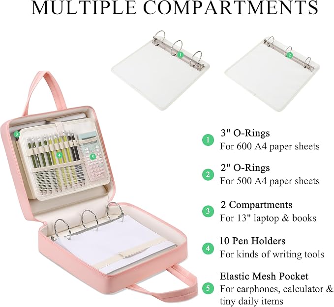 Upgraded Zipper Binder | 3-Inch & 2-Inch O-Rings, 600 Sheet Capacity Trapper Keeper with 13 Inch Laptop Sleeve & Water Bottle Holder, Binder Bag with Multi-Pockets & Shoulder Strap (Pink)
