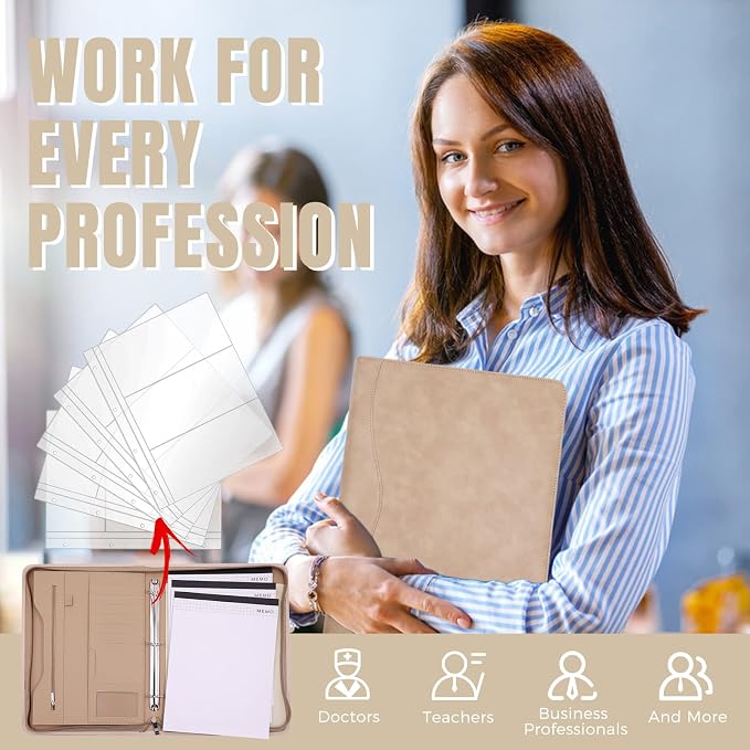3-Ring Padfolio Portfolio Binder Organizer,PU Leather Folder Binder Business Planner Notebook Zippered Portfolio for Women/Men with Document Sleeve,Letter/A4 Size Clipboard