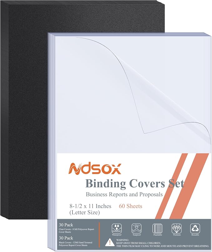 Ndsox 60 Pack Binding Covers and Backs Set 8.5" x 11" Letter Size | 30 8-Mil Clear Plastic Covers, 30 12-Mil Black Sand-Textured Bingding Presentation Polycovers, Un-Punched, Square Corners