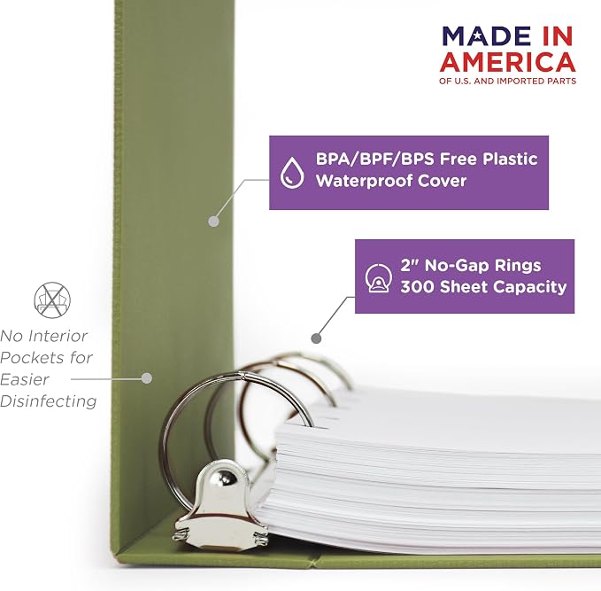 Carstens 2-Inch Heavy Duty 3-Ring Binder - Side Opening, Sage, Durable Plastic, Precision No-Gap Rings, Waterproof Covers, No Pockets, Holds 300 Letter-Sized Sheets, BPA-Free, Made in USA (5826-3R)