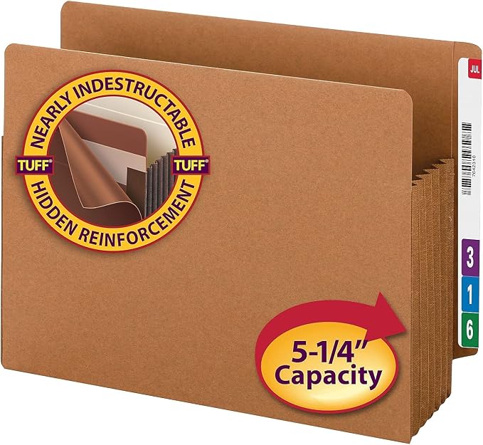 Smead End Tab TUFF® File Pocket, Reinforced Straight-Cut Tab, 5-1/4" Expansion, Tyvek® Gusset, Extra Wide Letter Size, Redrope, 10 per Box (73790)