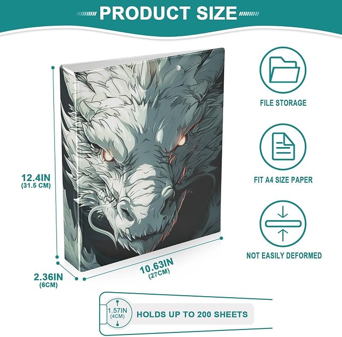 JIPONI 3 Ring Binder White Dragon Anime 1 Inch Round Binders for Men Women Students, Cute File Organizer for Office School, 2pcs