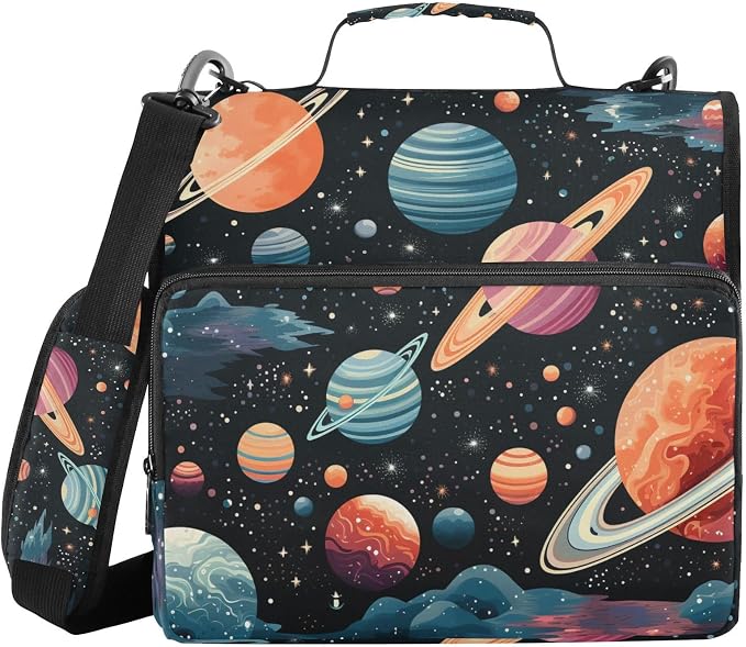 Space Planet Astronomy 3 Ring Zipper Binder with Handle 1.5 inch Binder Organizer, Multi Pockets Office File Folder with Shoulder Strap 500 Sheet Capacity