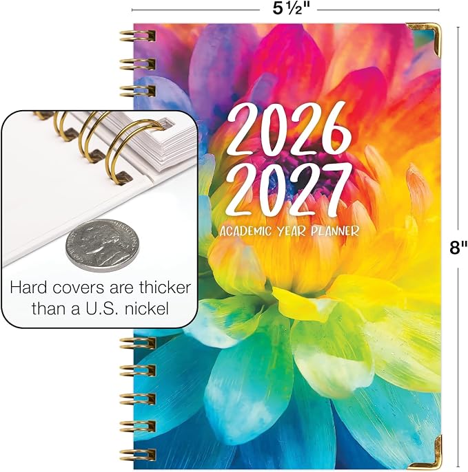 HARDCOVER Academic Year 2026-2027 Planner: 14 Months (May 2026 Through June 2027) 5.5"x 8" Daily Weekly Monthly Planner Yearly Agenda. Bookmark, Pocket Folder and Sticky Note Set (Rainbow Petals)
