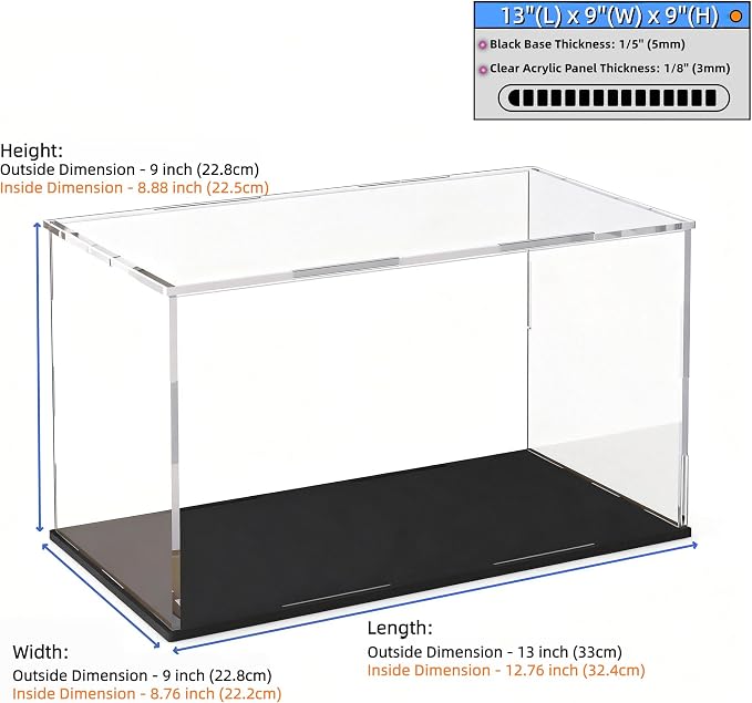 Large Acrylic Display Case, Clear Acrylic Display Box with Matte Base, Dustproof Collectible Storage Cases, DIY Easy Assembly Showcase for Figures, Models, Collectibles, 13 x 9 x 9 inch
