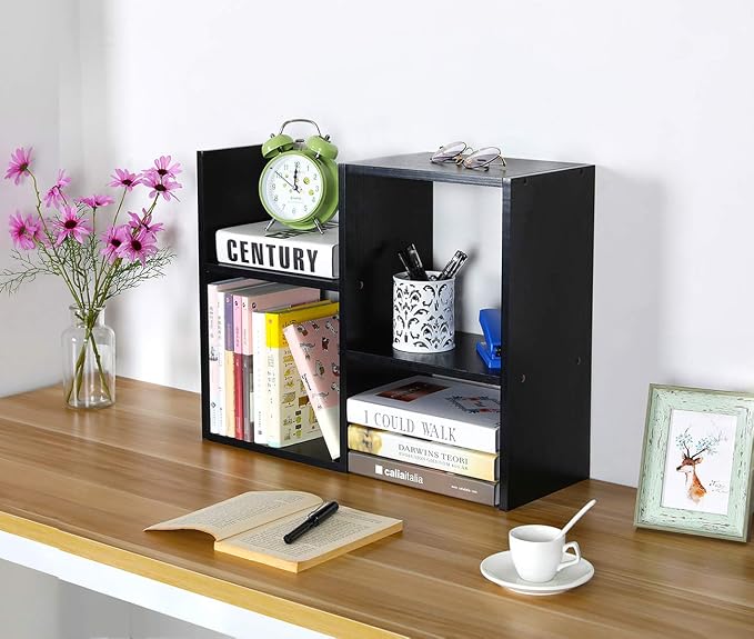 Desktop Shelf Freestanding Wooden Small Bookshelf Desk Supplies Organizers and Accessories Storage Display Rack Office Dorm Decor for Women, Black