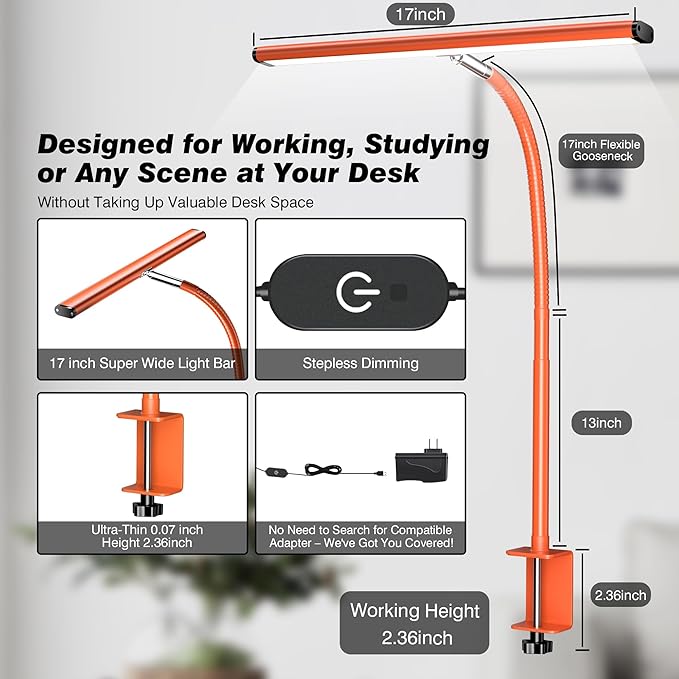 Airlonv LED Desk Lamp with Clamp, 17" Stepless Dimming Light, Orange | 2700K-6500K, 100 LEDs, 360° Gooseneck, Fits Up to 30" Monitors, Flicker-Free Lighting for Home Office, Study& Workbench