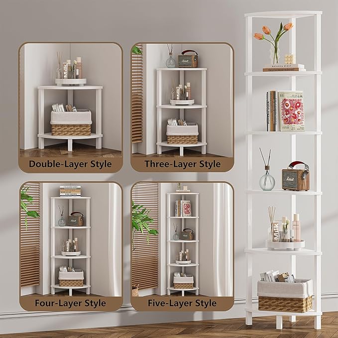VIMBER Corner Shelf, 6-Tier Corner Bookshelf, Industrial Corner Ladder Shelf, DIY Storage Shelves, Modern Display Shelf for Living Room, Bedroom, Kitchen, Home Office, White UJSJ004W
