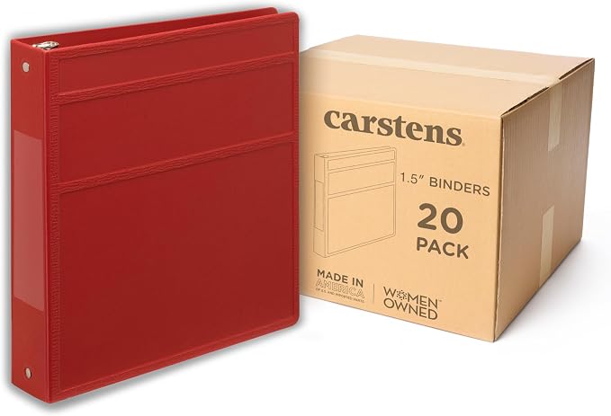 Carstens 1.5-Inch Heavy Duty 3-Ring Binder - Side Opening, Brick Red, Durable Plastic, No-Gap Rings, Waterproof Cover, No Pockets, Holds 250 Letter Sheets, BPA-Free, Made in USA (2049-3R), Case of 20